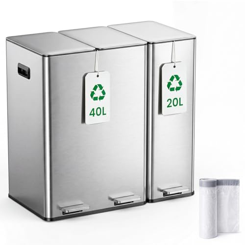 Kitchen Bin,40L Double Bin+20L Single Bin,Tall Slim 60L Stainless Steel Pedal Bin,Dual Bin Rubbish Recycling with Soft-Close Lids and Inner Buckets,Odour Seal,Trash Can for Narrow Space,Metal Silver