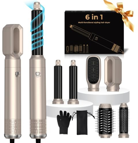 UKLISS Hairstyler Airstyler 6 in 1 Asciugacapelli, Set di Spazzole per Asciugacapelli 1000 W, Arricciacapelli con Aria, Spazzole per Styling, 3 Regolazioni della Temp, Regali Set per Donn (Oro)