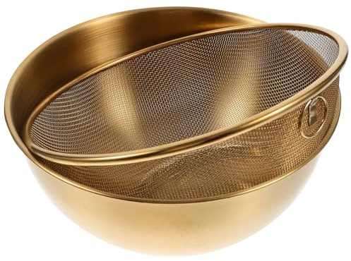 Toyvian Colador de Arroz de Acero Inoxidable 22 Cm, Escurridor Malla Fina, Cuenco para Lavar Verduras y Frutas, Set 2 Piezas Color Dorado, Apto para Cocina y Lavado Rápido