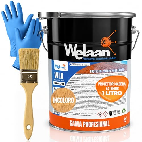 Lasur Protector Madera Exterior - Lasur Barniz Madera Exterior a Poro Abierto,Tarimas, Puertas, Vallas y Muebles - Barniz Madera Exterior Impermeabilizante, Resistente UV y Humedad (Incoloro, 1L)