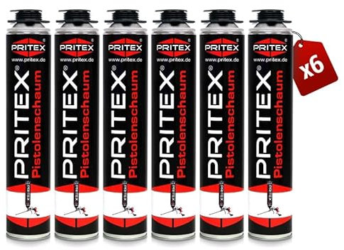PRITEX – Pistolenschaum 6 x 750 ml zum Verfüllen, Dämmen & Abdichten – Montageschaum mit hervorragender Schall- & Wärmedämmung – Bauschaum für Montagepistole