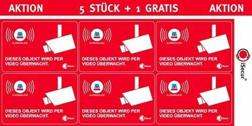 iSecur Aufkleber 5er Set Videoüberwachung Alarmanlage 6 x 4 cm - hin085 | witterungsbeständig, vergilbungsfrei, UV-beständig, außenklebend, für Türen Fenster Auto