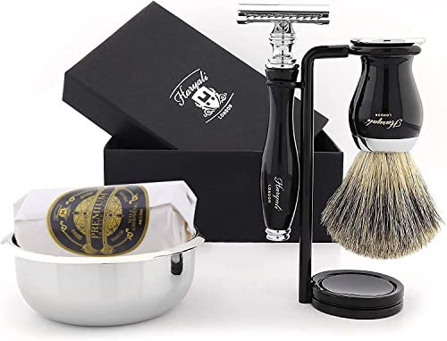 Haryali London Schwarz 6-teiliges Rasierset - doppelkante Rasierhobel - Super Dachshaar Rasierpinsel - Rasierständer - Rasierseife - Rasierschale