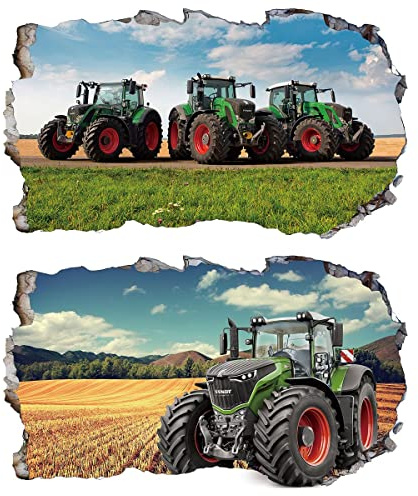 2Pcs Wandtattoo Traktor Trecker 3D Effekt XXL Farm Feld Landwirtschaft Wandaufkleber Fenster Selbstklebend für Junge Kinderzimmer Groß 1000mmx600mm