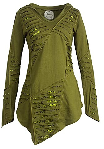 Vishes - Alternative Bekleidung - Langarm Damen Baumwoll Cutwork-Kleid Hoodie Zipfelkapuze Asymmetrisch Olive 38
