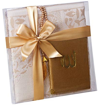 Ilm Verlag Geschenkbox Set mit Gebetsteppich, Tesbih und Surenbuch - Muslimischer Gebetsteppich Namaz-LIK Seccade, Gebets-Matte, Salah, Sejadah, Seccade, (Gold)