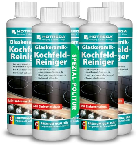 HOTREGA Glaskeramik Kochfeld Reiniger | 5x 250ml Flasche | Politur-Wirkung | Für Induktion, Edelstahl & Ceranfeld | Entfernt Eingebranntes | Schützt vor Mikro-Kratzern | Pflegende Schutzschicht