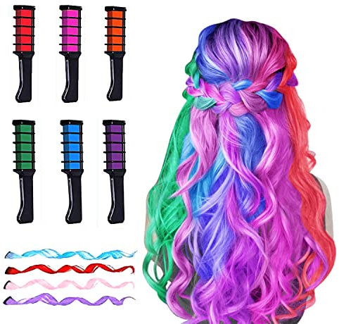 6 Stück Haarkreidekamm Temporäre Haarfarbe Farbstoff für Mädchen Kinder, Waschbare Haarkreide für Mädchen Erwachsene Party Karneval Halloween Ostern Weihnachten Kindertag Cosplay(6 Farben+4Wigs)