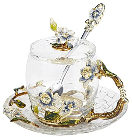 LANTREE Flower Glass Coffee Mug Tea Cup with Spoon Lead-Free Birthday for Female Valentines Day (330ml Jasmine)