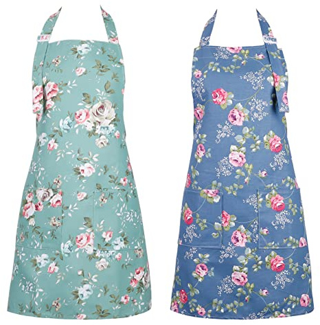 aosaili 2 Stück Schürzen für Frauen mit Taschen mit großen Taschen,Blumenschürze Verstellbare Küchenschürze Kitchen Chef Blumenschürze für Gartenarbeit (L)
