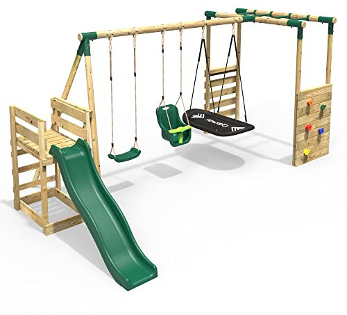 Rebo® Wooden Swing Set with Monkey Bars, Deck and 6ft Slide - Halley Green | OutdoorToys | Kids' Outdoor Wooden Play Equipment for Gardens, Frame and Accessories Included, Weather Resistant