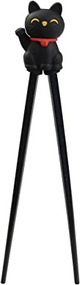 TOKYO design studio ESS-Stäbchen für Kinder, schwarz, 22 cm, mit süßer Glücks-Katze als Halterung für Anfänger, Stäbchen auswechselbar