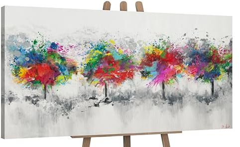 YS-Art Abstrakt Design Acryl Gemälde auf Leinwand bunter Wald handgemalt Wandbilder Wohnzimmer modern Wohndekor Bilder Büro farbenfrohe echte Kunst 140x70 cm