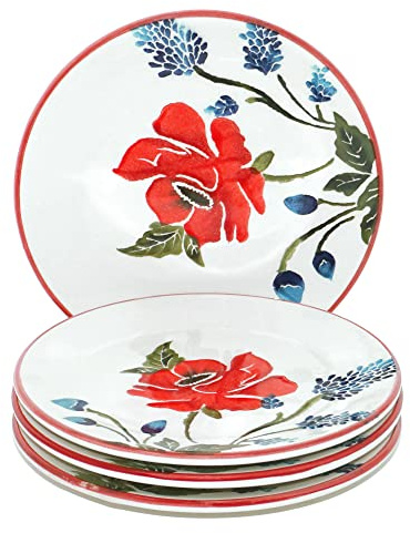 Lashuma Frühstücksteller 4er Set, flache Kuchenteller bunt Mohnblume, Keramikteller rund 15 cm Ø