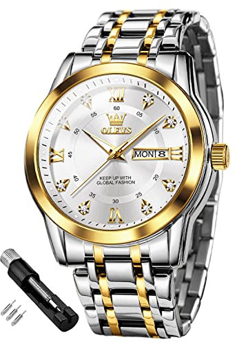 OLEVS Herrenuhren Gold Weiß Edelstahl Uhr Männer mit Diamant Gesicht Quarz Wasserdicht Lässige Elegante Armbanduhr Geschenk