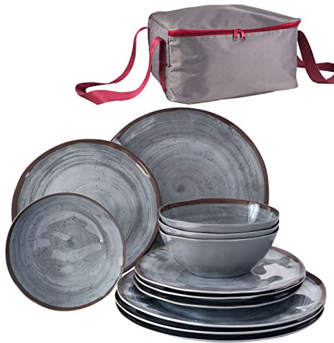 Melamin Camping Geschirr 13 Teile für 4 Personen grau - mit Aufbewahrungstasche - Spülmaschinengeeignet - Essgeschirr Campingzubehör Campinggeschirr Wohnwagen Camping