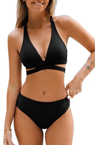CUPSHE Damen Bikini Set V Ausschnitt Schlitz Lace Up Mid Waist Texturierte Bademode Zweiteiliger Badeanzug Swimsuit Schwarz M