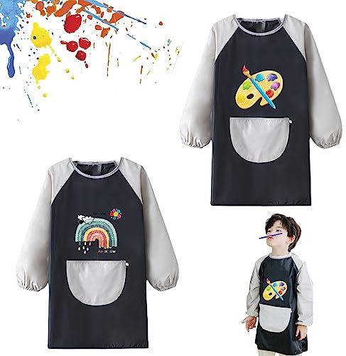Funmo Malschürze, 2 Stück Kunstschürzen, Malkittel für Kinder 6-12 Jahre, Wasserdicht, für Mädchen/Junge, Bastelschürze für Schule, Kunst, Malerei (Schwarz)
