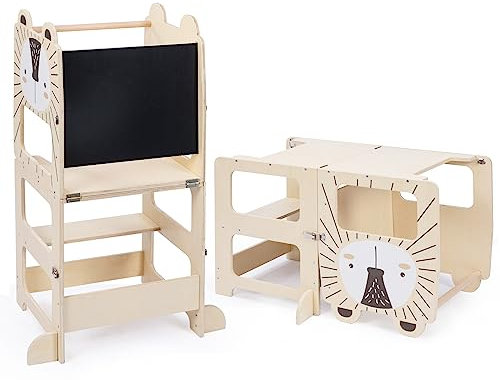 labebe lernturm für Kinder, Großformat klappbar Montessori Learning Tower, 2 in 1 lernstuhl Kinder mit Message Boards ab 1 Jahr