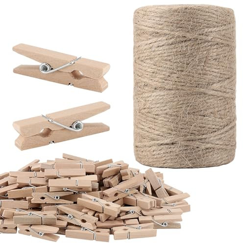 NAMYEUT 100m Juteschnur mit 200 Wäscheklammern Holz, 3mm Jute Bastelschnur Braun Garten Kordel Juteschnur zum Basteln, Fotos Aufhängen