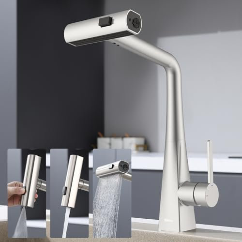 Kelleria Grifo de Cocina de Alta Presión Extensible, Acero Inoxidable, con Caño Giratorio y Tres Modos de Chorro de Agua, Monomando Mezclador Extensible con Ducha, 360° Rotación, Accesorios Incluidos