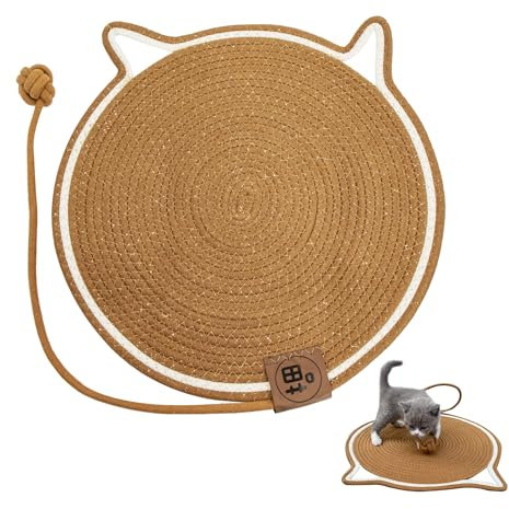 tappeto tiragraffi gatto graffiatoio gatti - scratcher tappetino con palla da graffiare coperta gatta a forma di orecchie protezione antigraffio in cotone e lino d'arredo per case cat, diametro 43 cm