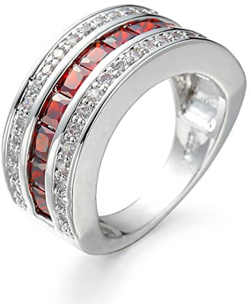 Bishilin Damen Ringe Versilbert, Silber Ring Personalisiert Breit mit Rot Zirkonia Bandring Trauringe Hochzeit Ring Frauen Ringgröße 60 (19.1)