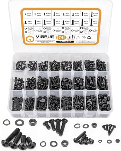VIGRUE 1744PCS M2 M3 M4 M5 Schrauben Set,Kohlenstoffstahl Schwarz und Muttern Unterlegscheiben Rund-Knopfkopf Linsenkopf Innensechskant mit Schraubenschlüssel Gewindeschrauben…