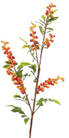 Tige de Baies de Houx Artificielles de 86,4 Cm, Tige Longue, Fausses Baies, Plantes avec Feuilles Vertes, Bouquet de Faux Fruits de Noël pour Arbre de Noël, Bricolage, Couronne, Artisanat,(Orange)