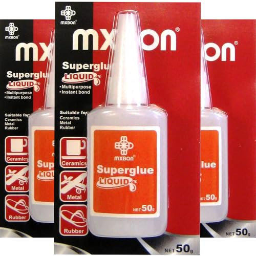 3 x Mxbon 50g Liquid Super Glue | Industrial Strength, Bonds in 10 Seconds | Multi-Purpose for Bonding Most Materials Inc; Ceramics, Glass, Metal, Rubber, Wood, Leather, Plastic, Fabric etc [150g]