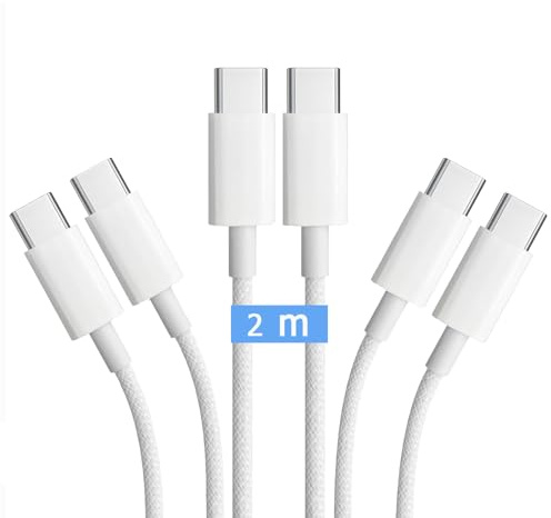 Lote de 3 cables USB C a USB C 2M 100W cable trenzado cable cargador rápido cable datos blanco para Apple MacBook Pro, iPad Pro, iPhone 15, iPhone 16, Samsung Galaxy, Google Pixel,Xiaomi,Redmi, Honor