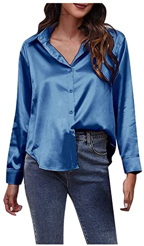 Chemisier Femme Ete, Satin Chemisiers Blouses Femme Manches Longues Col en V Chemise Chic Élégante Casual Soie Shirts Tops Hauts,Bleu,L,F07S