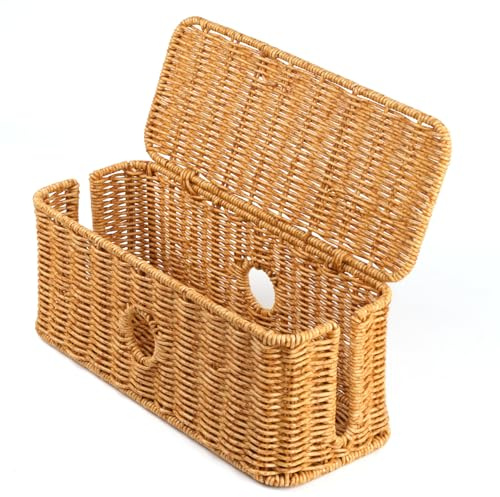 Rattan Cable Management Box Handwoven Cord Organizer Box, 4 Open Slots Cords Hider Box Under Desk Cable Management Suitable for TV Cables Computers Routers Power Cords to Hide and Organize