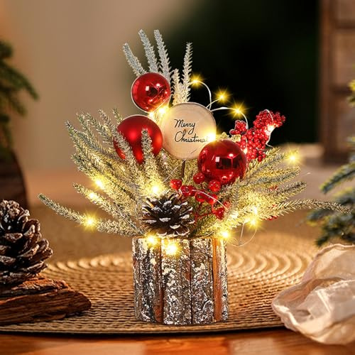 ACAREY Weihnachtsdeko Holz Weihnachtsbaum mit Licht, Weihnachtsschmuck Weihnachten Holz Beleuchteter Mini-Weihnachtsbaum für Tischdeko, LED Zwergen für Weihnachtsdeko Innen, Büro, Heimdeko (A)