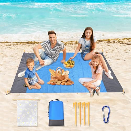 TAIXING Couverture de plage 210 x 200 cm - Imperméable - Sans sable - Pliable - En polyester léger - Pour plage, camping et pique-nique - Avec sac à cordon de serrage - 4 coins de fixation
