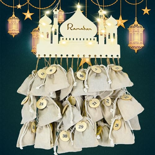 Ulikey DIY Ramadankalender zum Befüllen, 30 Stück DIY Ramadan Kalender Geschenktüten, Muslimischen Deko Aufhängung für Ramadan aus Holz mit LED-Lichterkette, Islamische Eid Mubarak Tüten Deko
