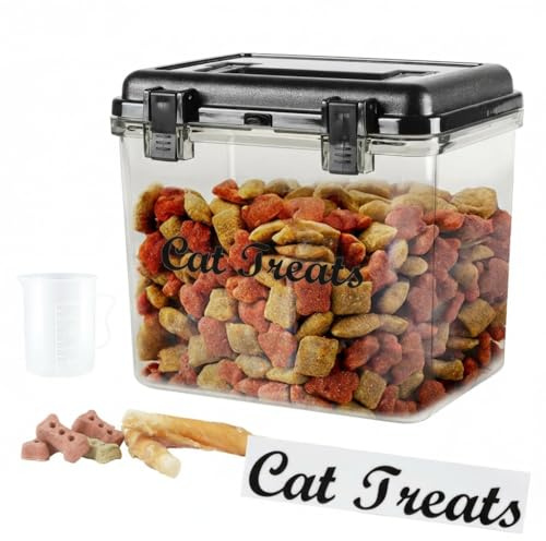 Airtight 13.2lb Pet Food Container With Lid & Scoop Large Cat Treat Organizer,Dog Treat Storage Tin for Kitchen Counter BPA Free,Well-Made Canister With Sturdy Clips Preventing Pet Thieves-Black