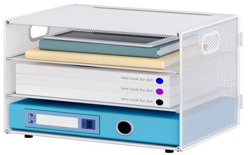 JEBELE 3 Fächer Schreibtisch Organizer Ablagefächer Magazin Organisator Dokumentenhalter Aktenablage Zeitschriftenhalter mit für Ordnern Metall,Weiß