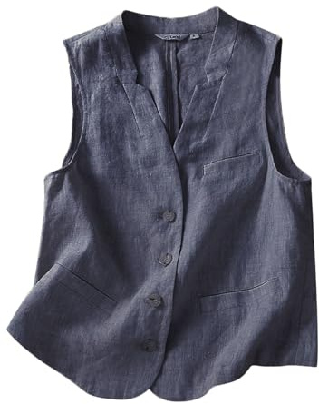 NaLatia Chemise Femme 2025 Femmes Couleur Unie Coton Lin Gilet sans Manches Blazer Bureau Gilet Un Bouton vers Le Bas Haut Veste Col en V Gilet Vintage Cardigans Gilet Grande Taille
