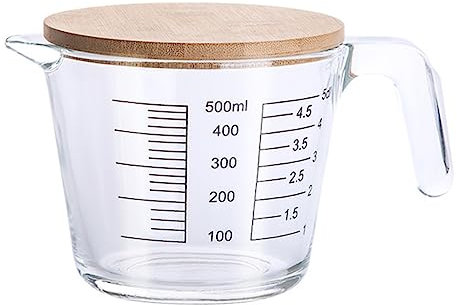 KICHOUSE Taza Medidora De Vidrio Borosilicato 500 Ml Con Tapa De Madera y Asa, Resistente a Altas Temperaturas, Herramienta Práctica Para Cocina y Repostería, Uso Doméstico