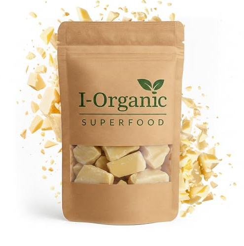 I-Organic 100% unraffinierte Kakaobutter aus Kolumbien, essbar, hypoallergen, Naturkosmetik, spendet Feuchtigkeit und regeneriert die Haut, schützt vor UV-Strahlen, lange Haltbarkeit, 200 g