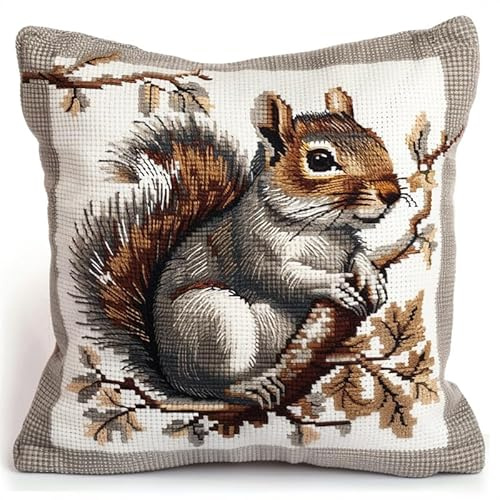 Henypt Knüpfkissen Zum Selber Knüpfen Eichhörnchen Knüpfkissen Set mit Vordruck 43X43cm DIY Stickset Handarbeiten Kissenbezug Couchkissen Dekokissen für Sofa Schlafzimmer Zuhause