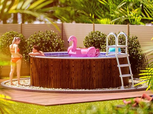 poolomio® stålväggspool rund 360 x 120 cm träutseende | robust trädgårdspool som uppställningsbassäng eller inbyggd pool | stödpool komplett set med innerfolie 0,5 mm, skimmer och inloppsmunstycke
