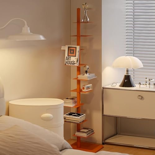9-stöckige Bücherregale, Bücherturm mit vertikalem Rücken, bodenstehendes Bücherregal, Buchorganisatoren aus Metall, Robustes Bücherregal für Wohnzimmer, Schlafzimmer, Orange