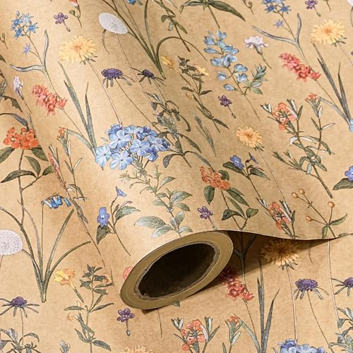 RUSPEPA Rotolo Di Carta Da Regalo Floreale Kraft - Mini Rotolo - 43,2 Cm X 3 M - Carta Da Regalo Con Fiori Di Campo, Perfetta Per Compleanni, Matrimoni E Addio Al Nubilato