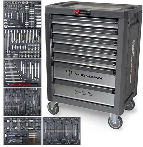 WIDMANN Tool Trolley Cabinet with 263pcs Tools Steel Workshop Storage Chest Carrier ToolBox, Compact One Series (Platinum)