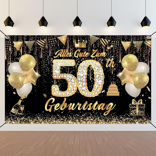 50. Geburtstag Banner, Schwarz Gold 50 Jahre Geburtstag Deko Mann Frau, 50. Geburtstag Hintergrund Banner, 50. Geburtstagsbanner für Party Deko, Alles Gute zum 50 Geburtstagbanner, 180x110cm