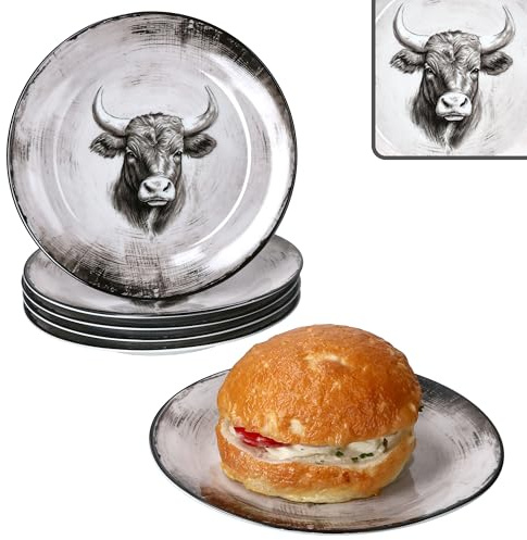 MamboCat Toro 6er Set Kuchenteller I weiß-rosa Porzellan-Frühstücksteller mit Kuh-Motiv für 6 Personen I kleine Teller im Landhaus-Stil für Salat, Dessert, Fingerfood & Co.