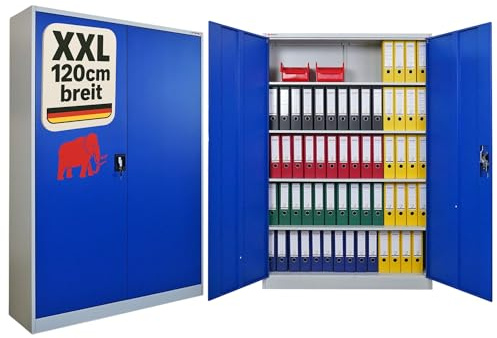 PROREGAL Flügeltürenschrank Elephant Metall Aktenschrank abschließbar 2 Türen 180x120x40cm Stahl 4 Ebenen Stahlschrank Pulverbeschichtung Blau/Lichtgrau Werkstattschrank Mehrzweckschrank Büroschrank