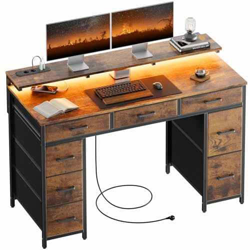HLFURNIEU LED Scrivania con 8 Cassetti in Tessuto, 120 × 50 cm Scrivania Gaming con Spazio di Archiviazione, Presa Integrata & Porte USB, Tavolo per Computer con Supporto per Schermo, per Studiare